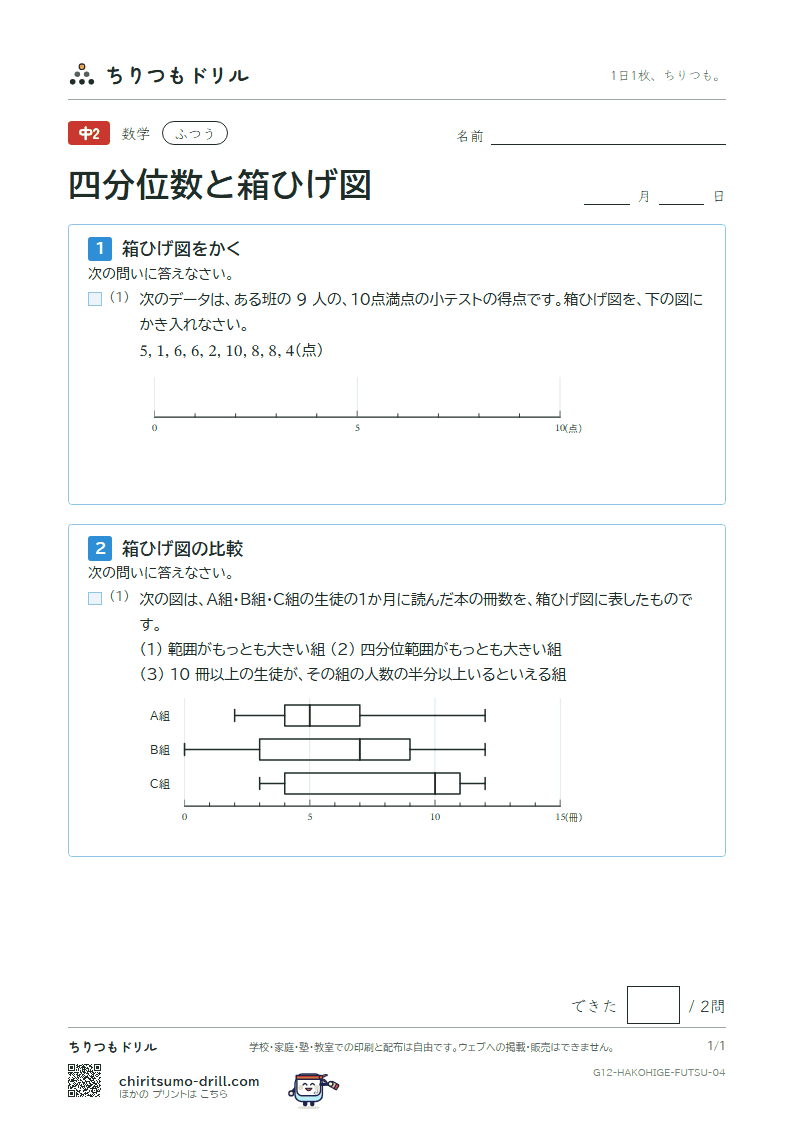 データの比較(四分位数と箱ひげ図) ふつう その4の見本