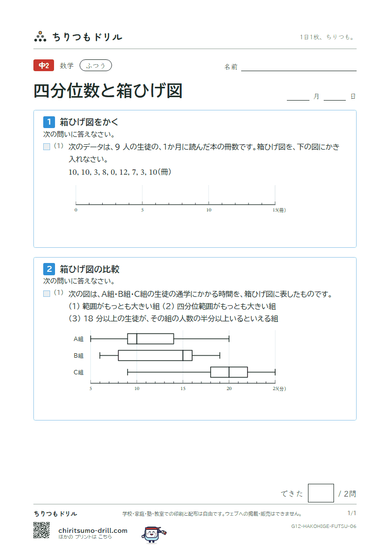 データの比較(四分位数と箱ひげ図) ふつう その6の見本