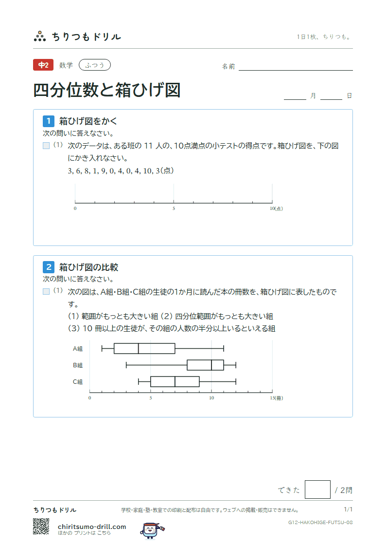 データの比較(四分位数と箱ひげ図) ふつう その8の見本