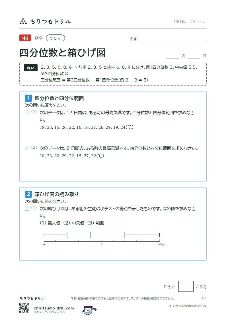 データの比較(四分位数と箱ひげ図) きほん その6の見本