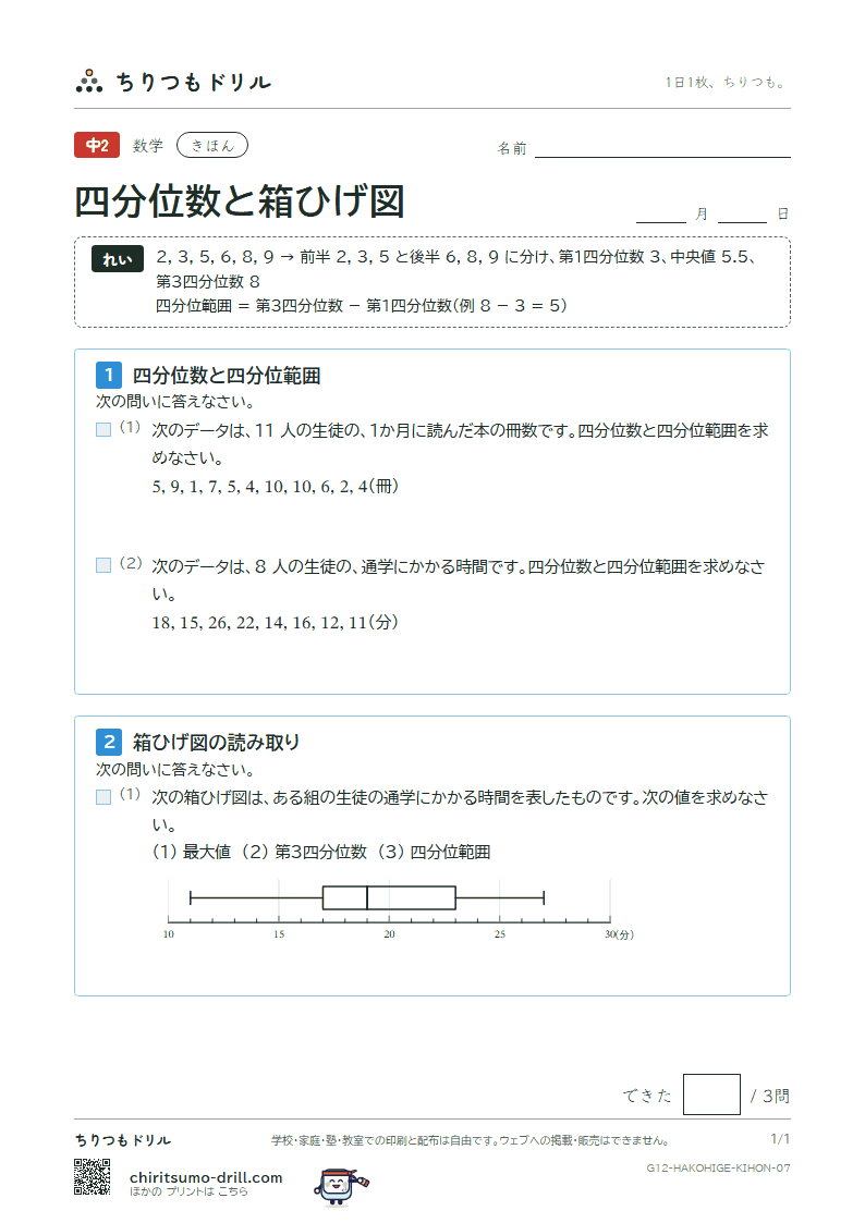 データの比較(四分位数と箱ひげ図) きほん その7の見本