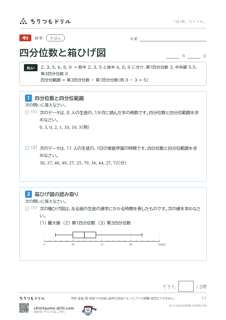 データの比較(四分位数と箱ひげ図) きほん その9の見本