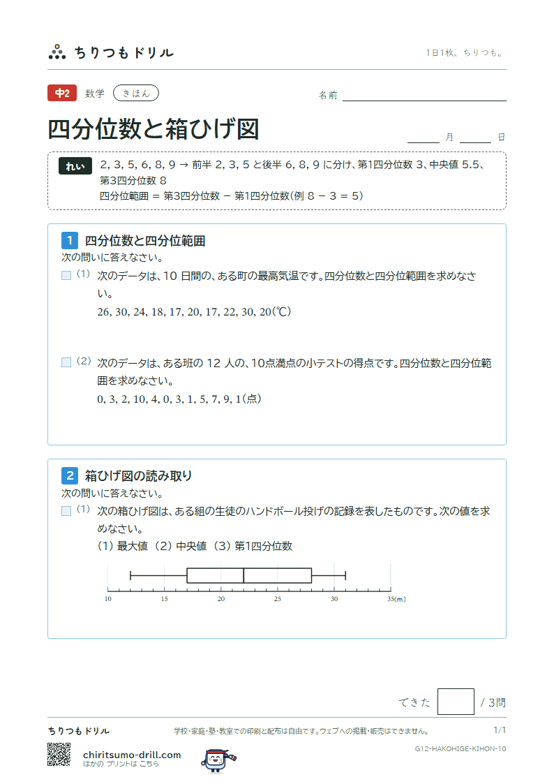 データの比較(四分位数と箱ひげ図) きほん その10の見本
