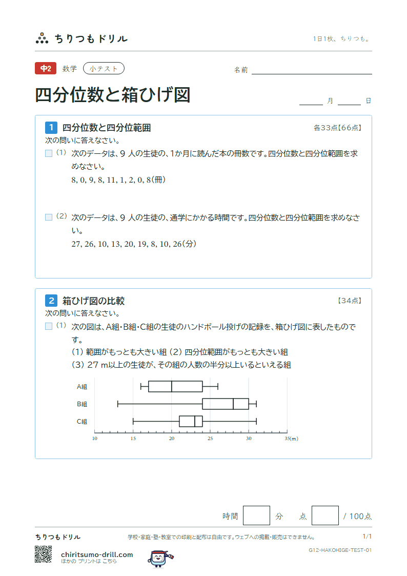 データの比較(四分位数と箱ひげ図) 小テスト その1の見本