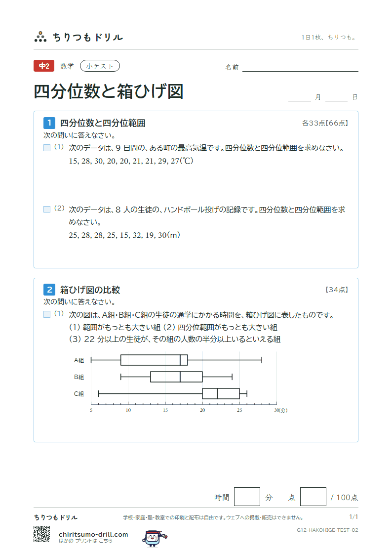 データの比較(四分位数と箱ひげ図) 小テスト その2の見本