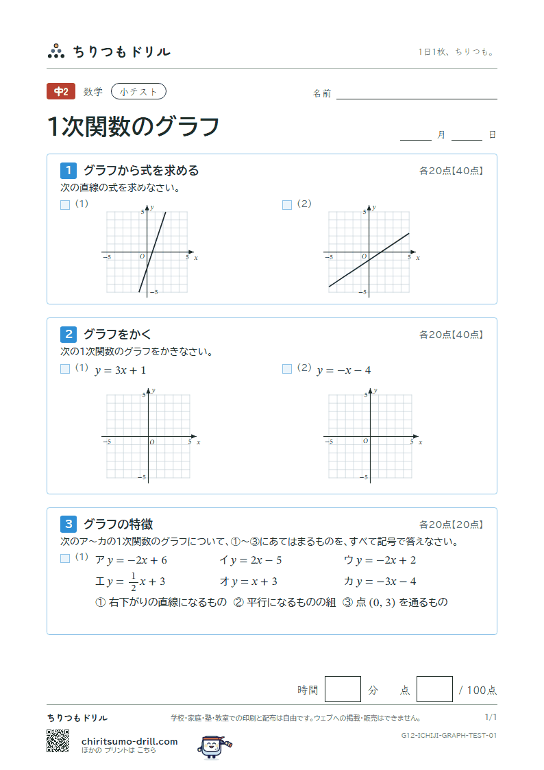 1次関数のグラフ 小テスト その1の見本