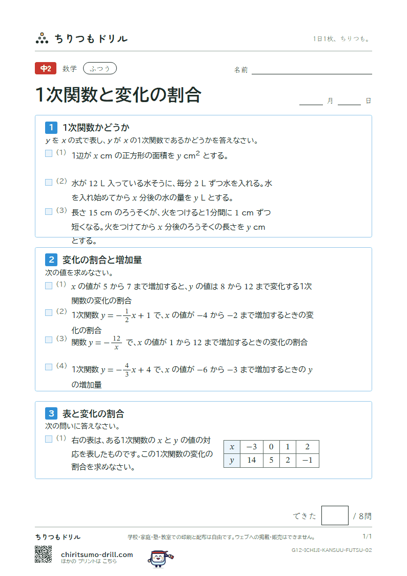 1次関数と変化の割合 ふつう その2の見本