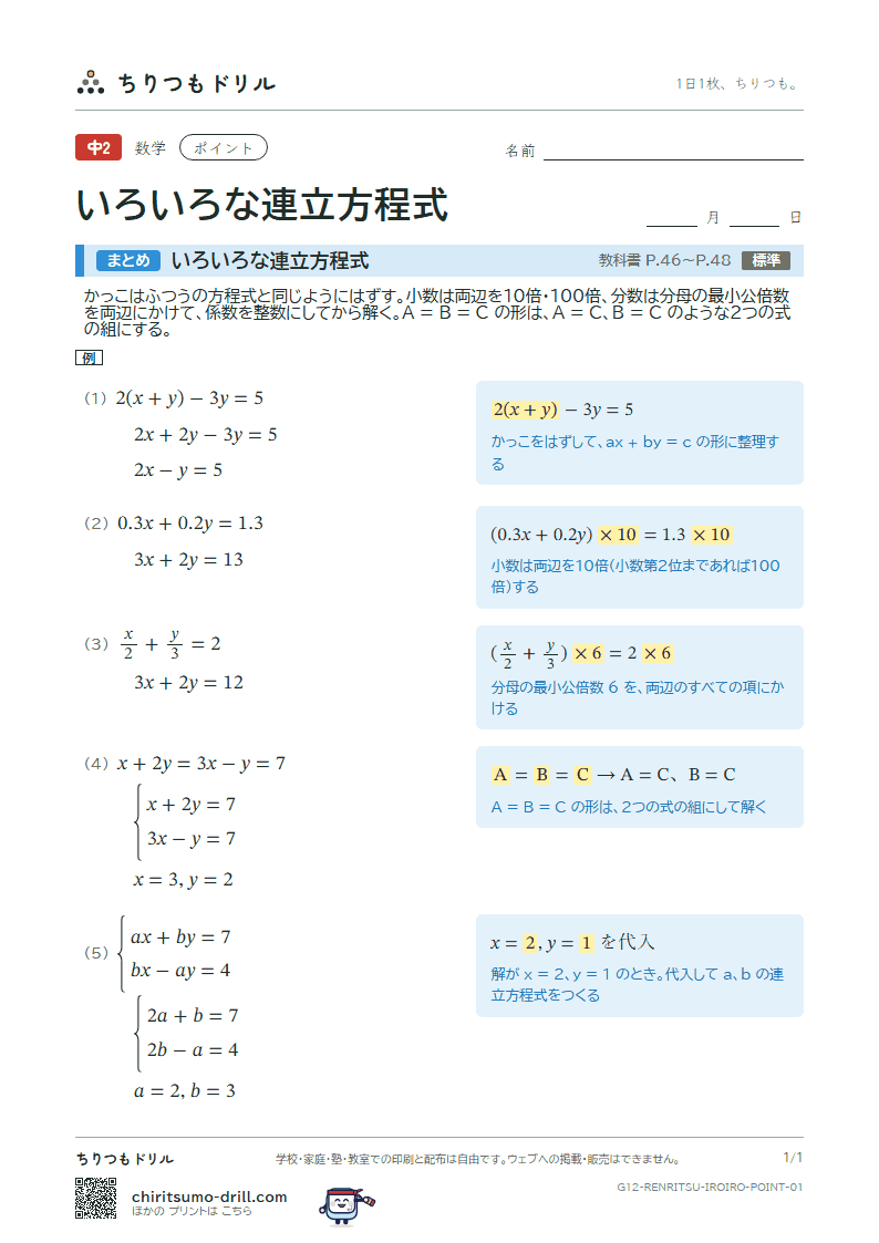 いろいろな連立方程式 ポイントの見本