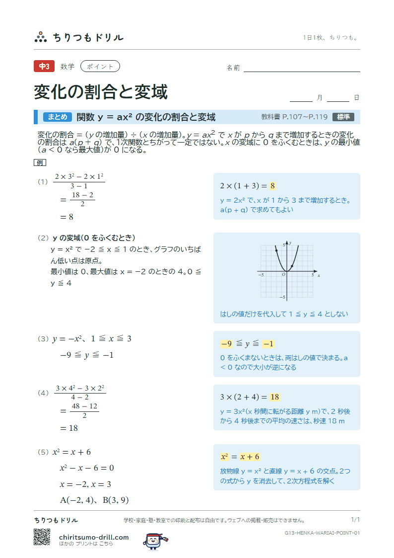 関数 y = ax² の変化の割合と変域 ポイントの見本
