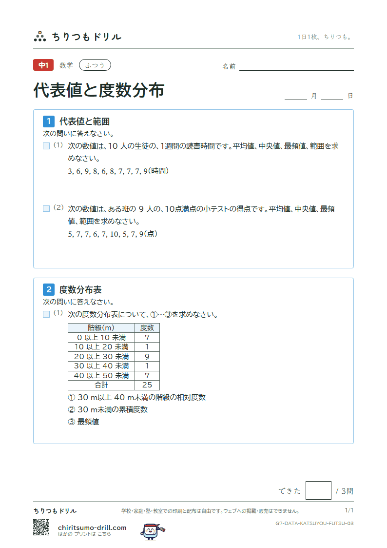 代表値と度数分布 ふつう その3の見本