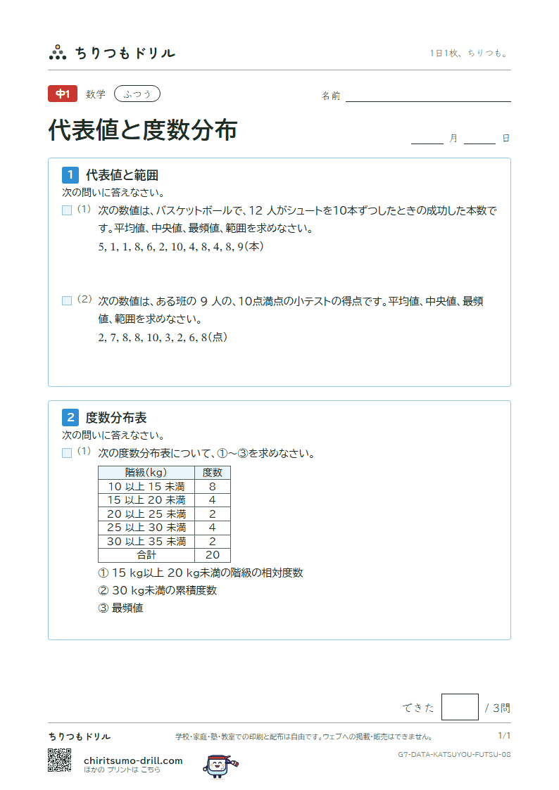 代表値と度数分布 ふつう その8の見本
