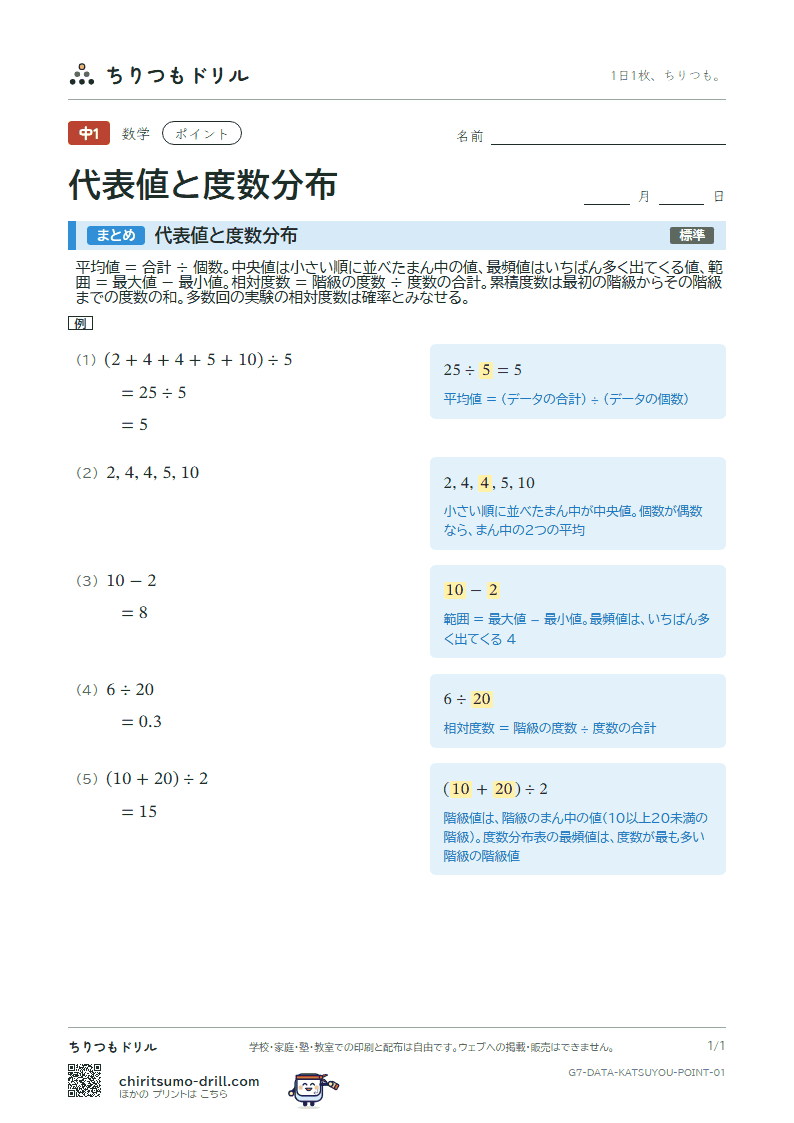 代表値と度数分布 ポイントの見本