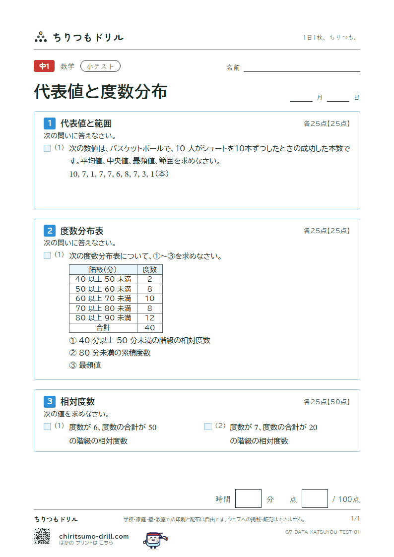 代表値と度数分布 小テスト その1の見本