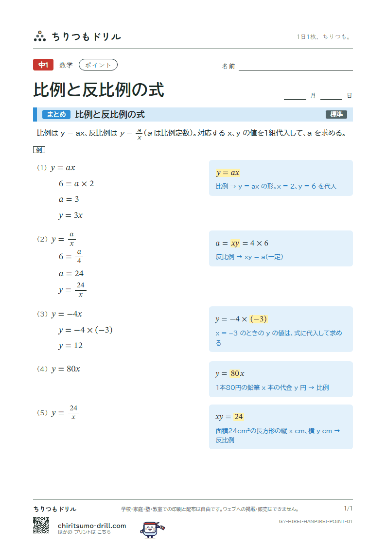 比例と反比例の式 ポイントの見本