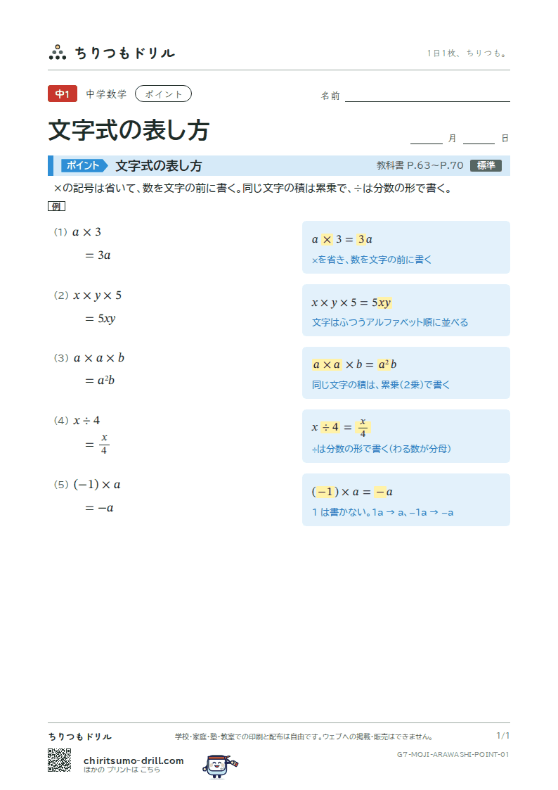 文字式の表し方 ポイントの見本
