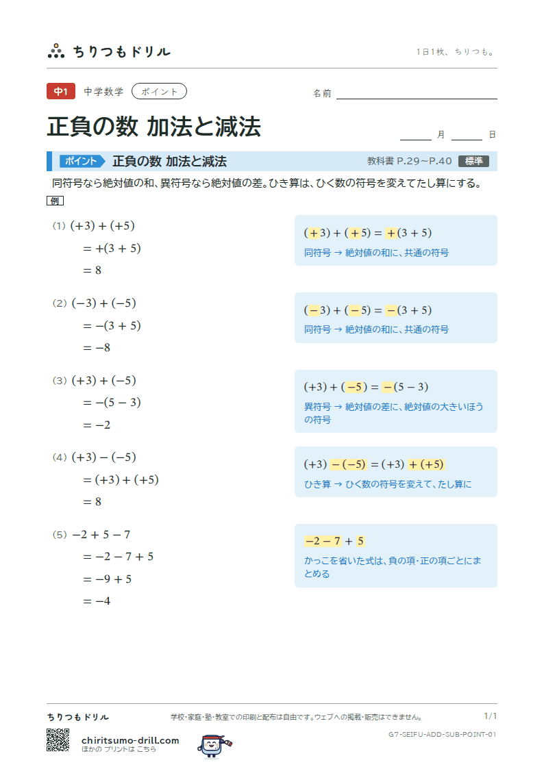 正負の数 加法と減法 ポイントの見本