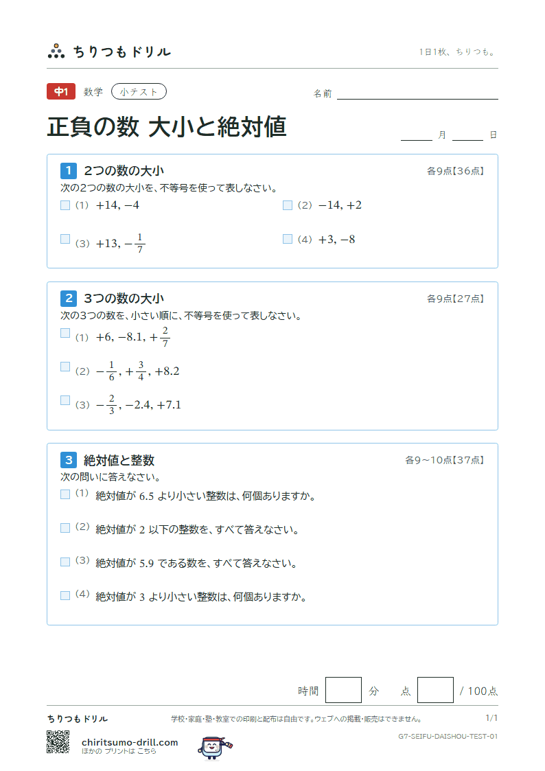 正負の数 大小と絶対値 小テスト その1の見本