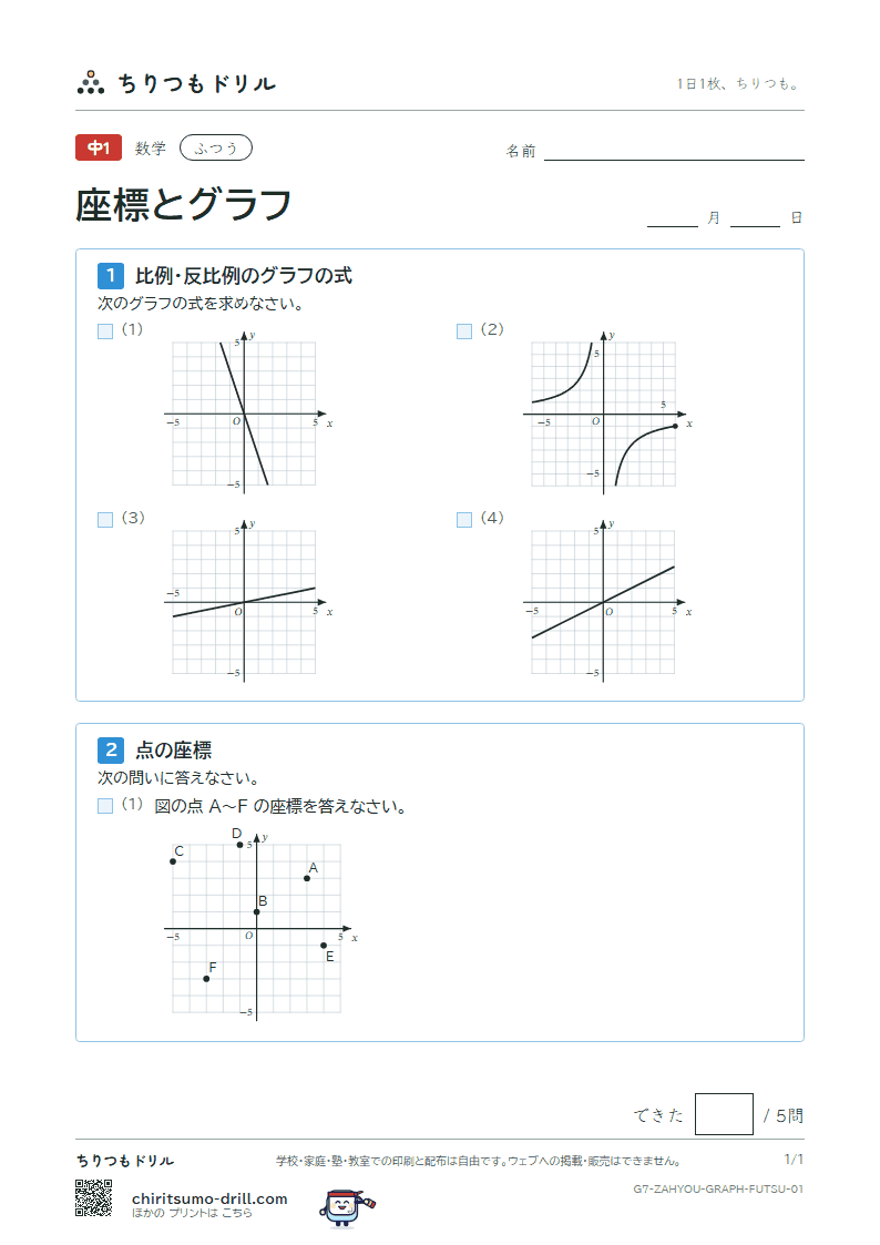 座標と比例・反比例のグラフ ふつう その1の見本