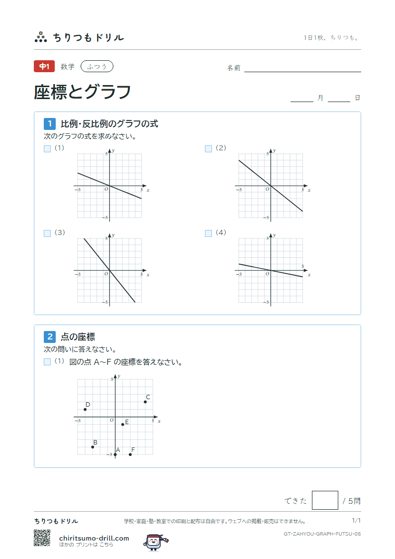 座標と比例・反比例のグラフ ふつう その5の見本