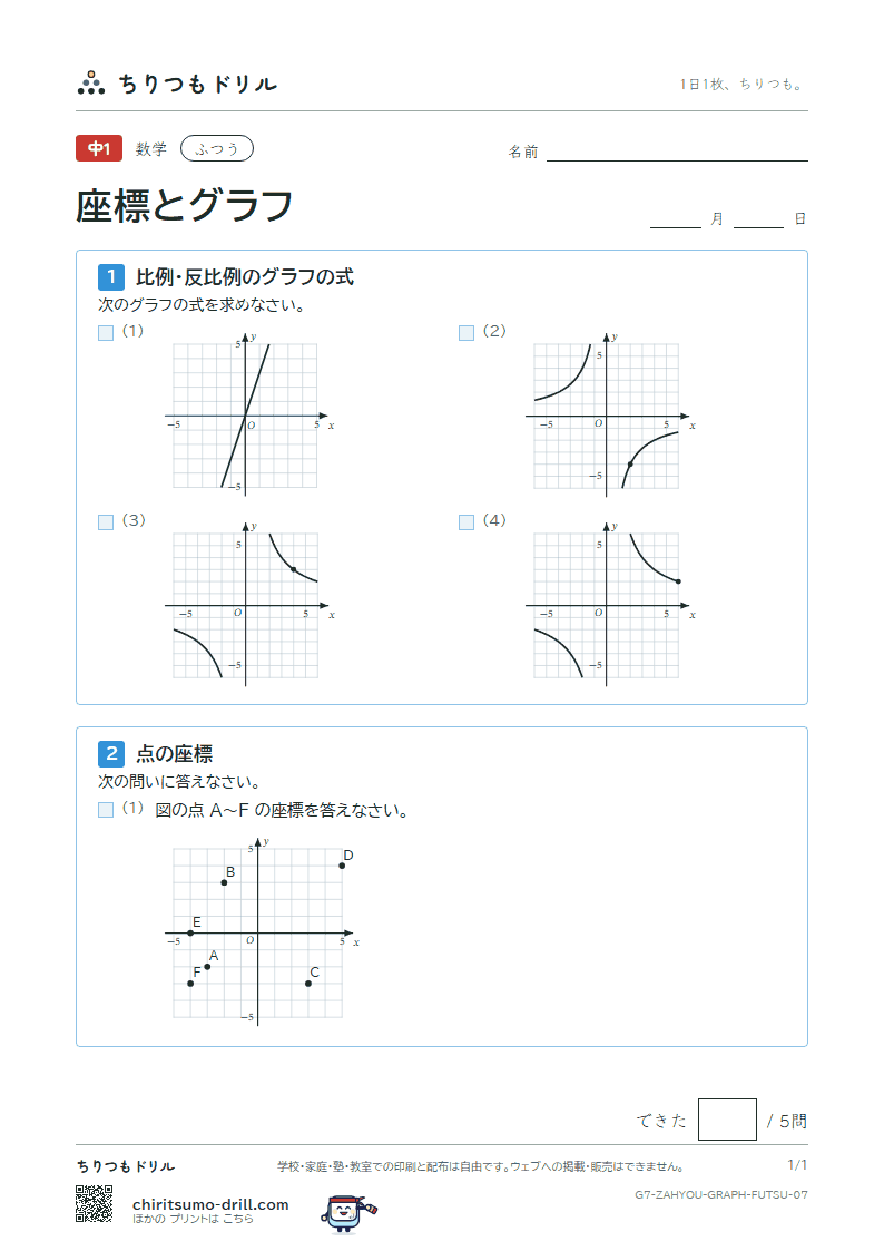 座標と比例・反比例のグラフ ふつう その7の見本