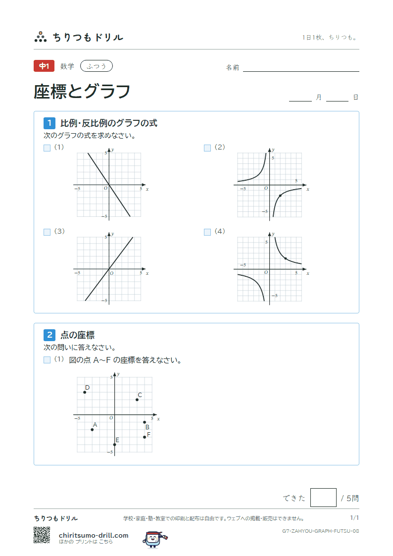 座標と比例・反比例のグラフ ふつう その8の見本