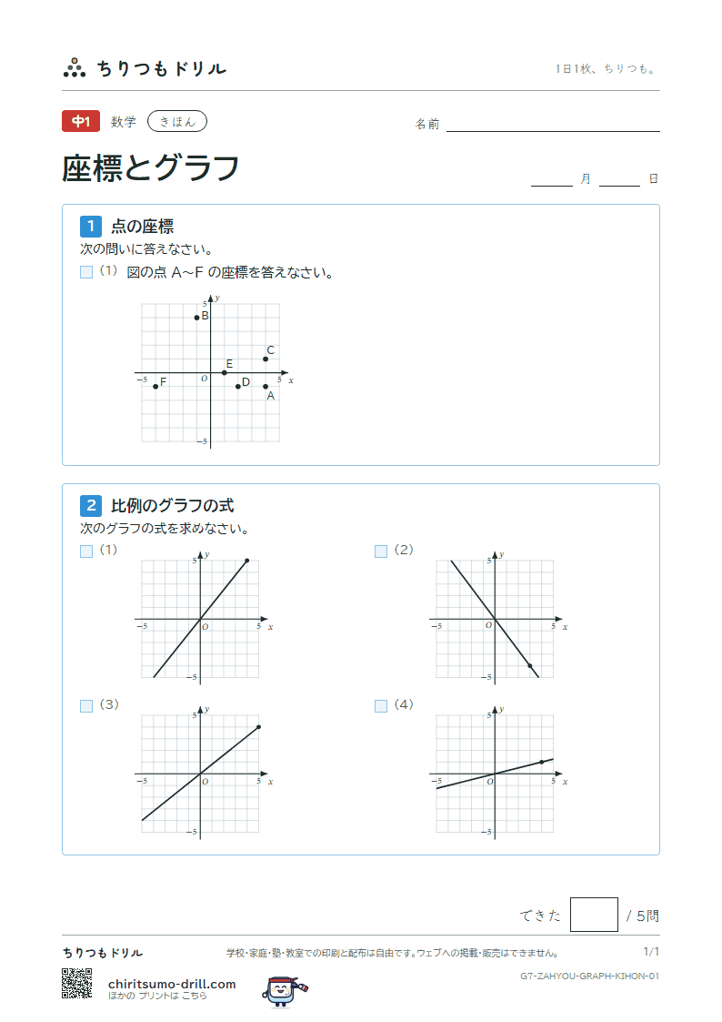 座標と比例・反比例のグラフ きほん その1の見本