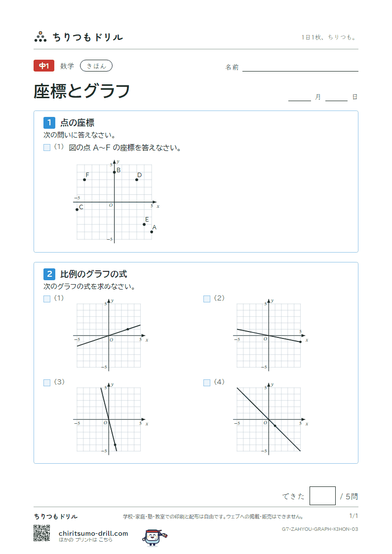 座標と比例・反比例のグラフ きほん その3の見本
