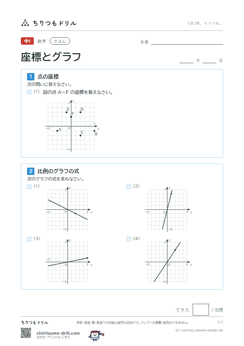 座標と比例・反比例のグラフ きほん その8の見本