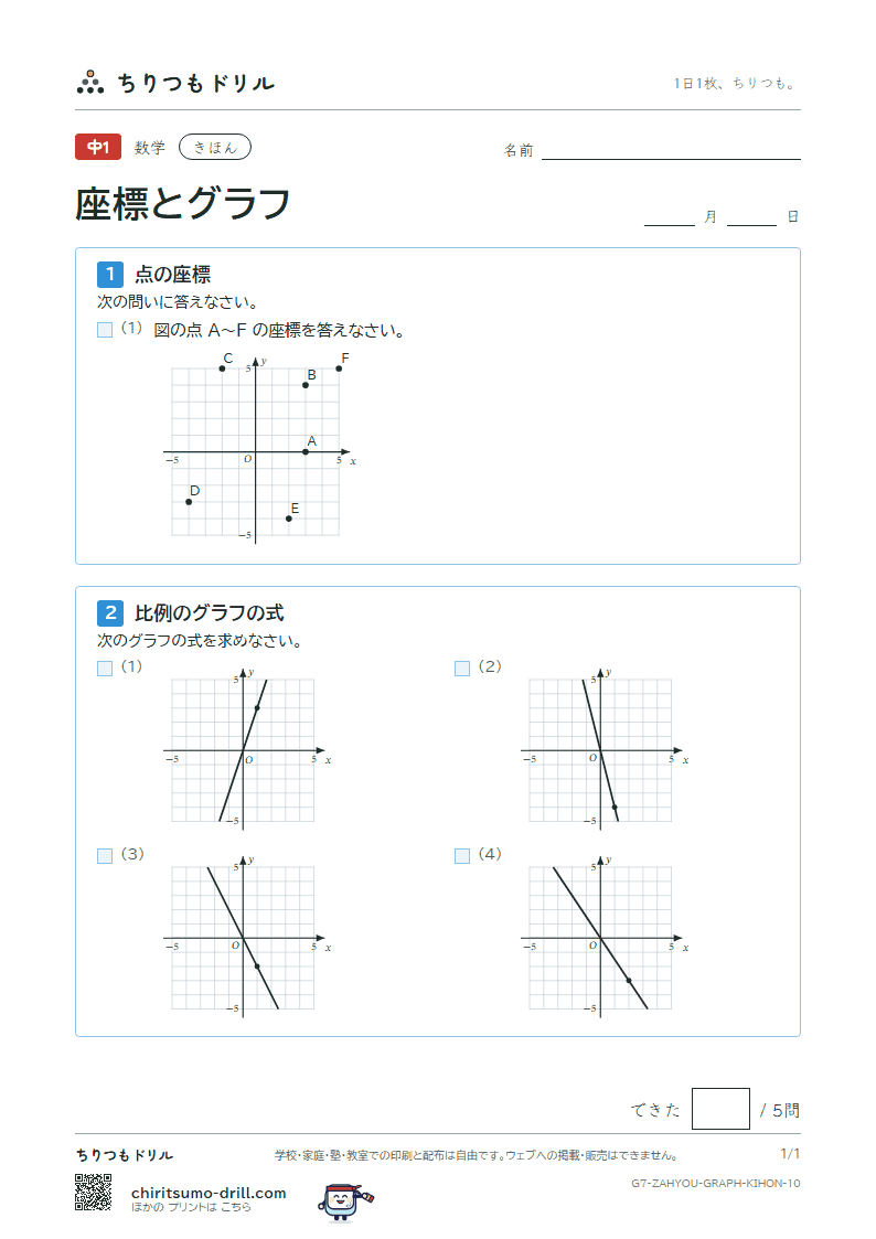 座標と比例・反比例のグラフ きほん その10の見本