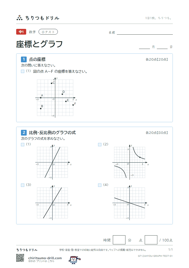 座標と比例・反比例のグラフ 小テスト その1の見本