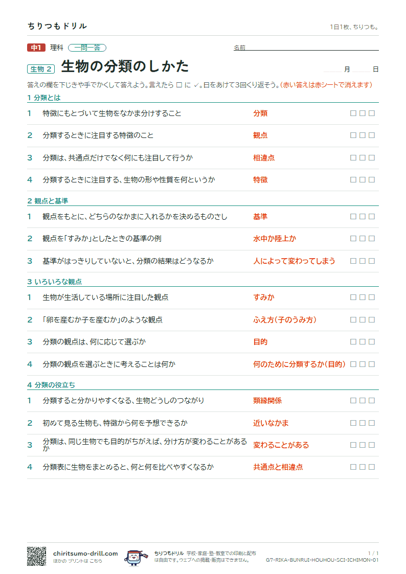生物の分類のしかた 一問一答の見本