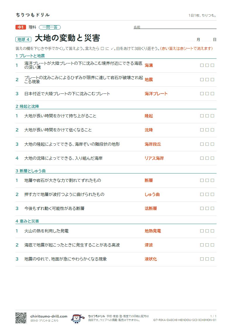 大地の変動と災害 一問一答の見本