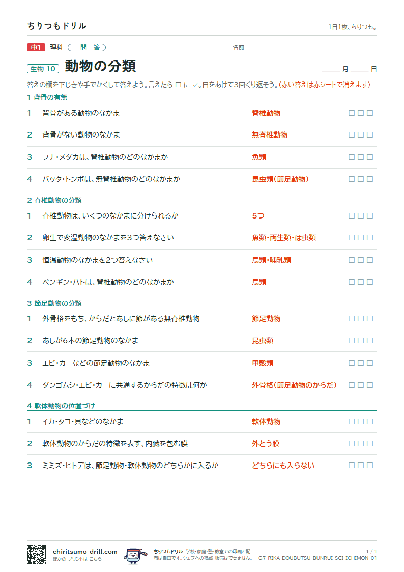 動物の分類 一問一答の見本
