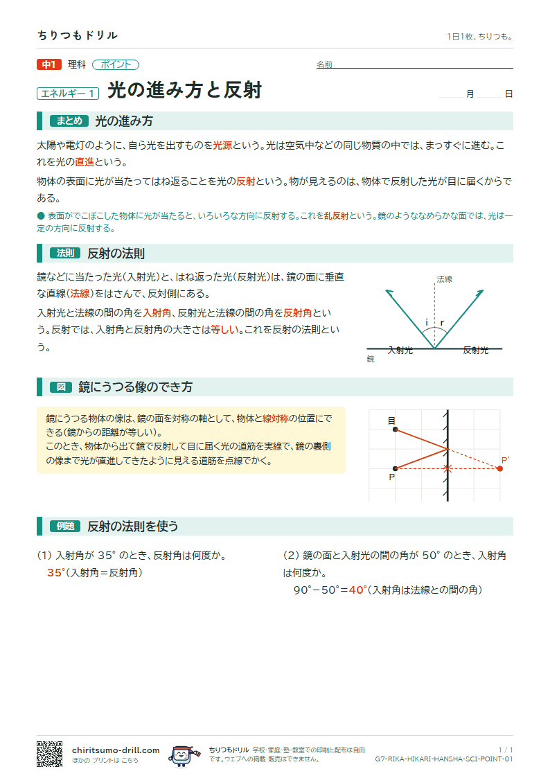 光の進み方と反射 ポイントの見本
