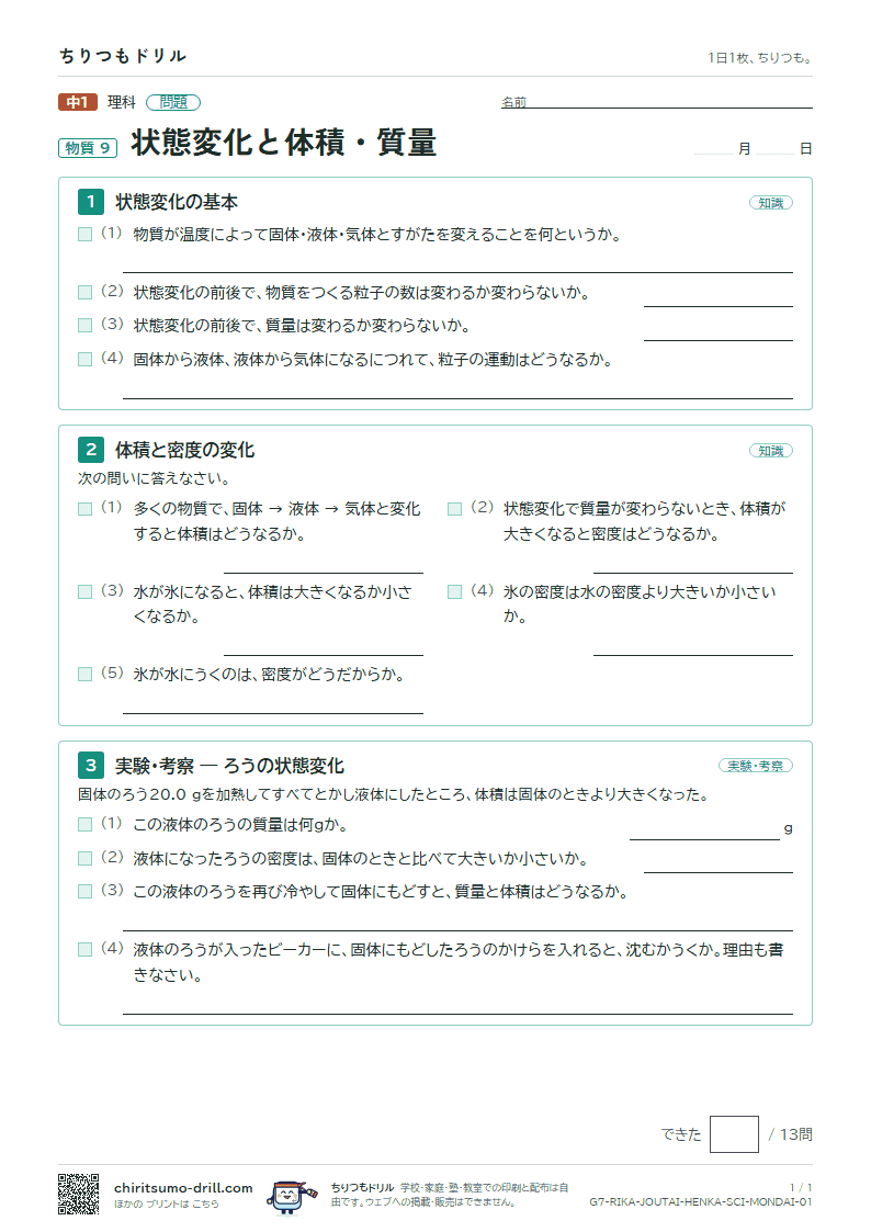 状態変化と体積・質量 問題の見本
