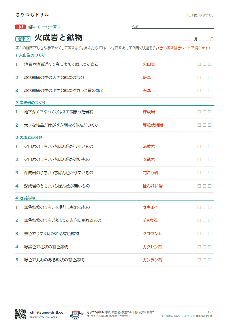 火成岩と鉱物 一問一答の見本