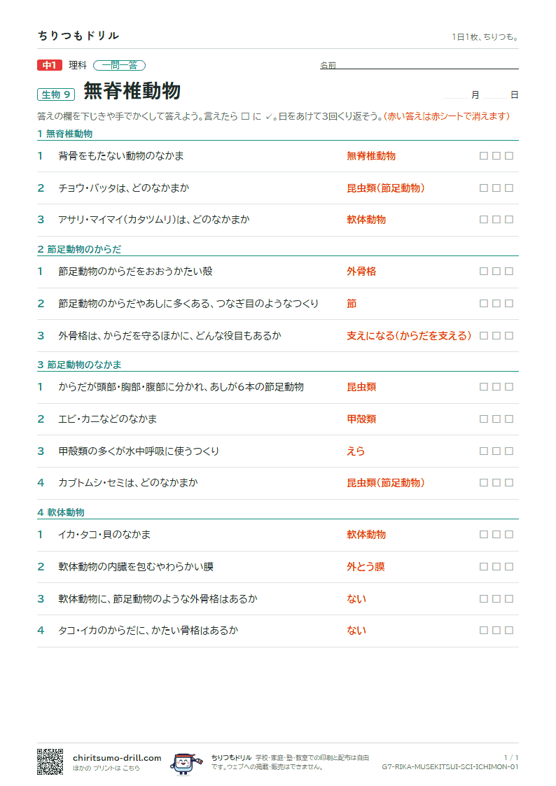 無脊椎動物 一問一答の見本