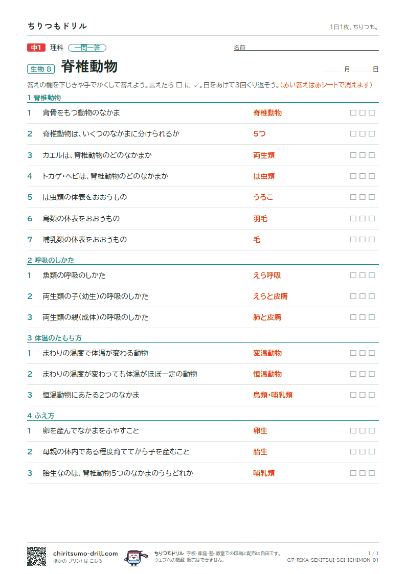 脊椎動物 一問一答の見本