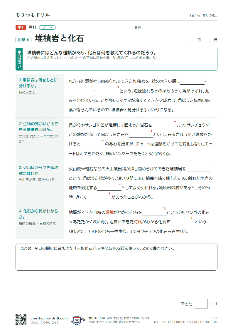 堆積岩と化石 ノートの見本