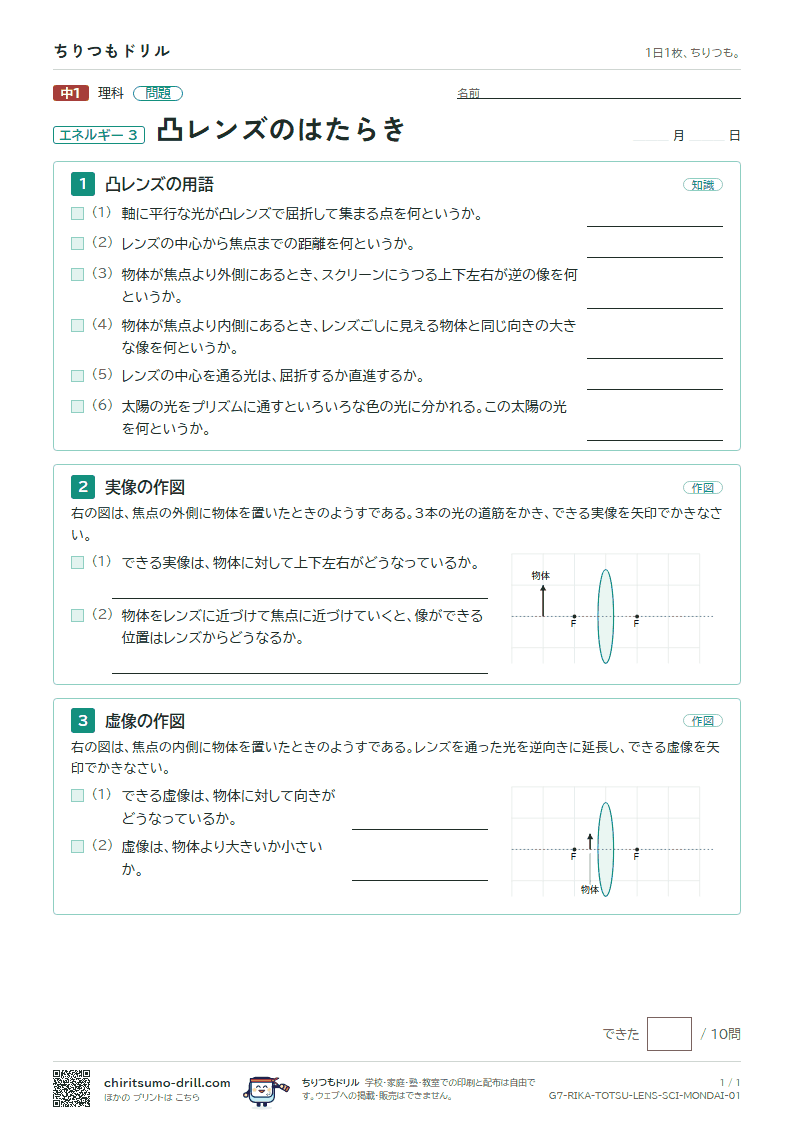 凸レンズのはたらき 問題の見本