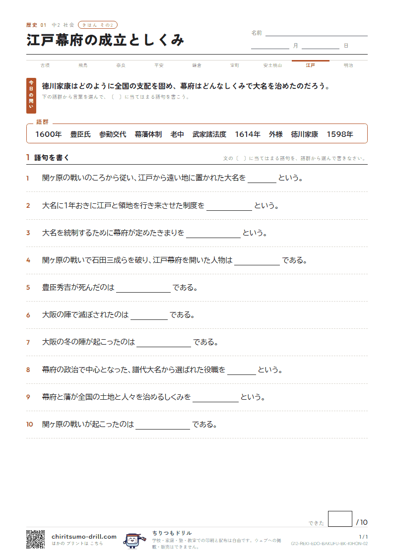江戸幕府の成立としくみ きほん その2の見本