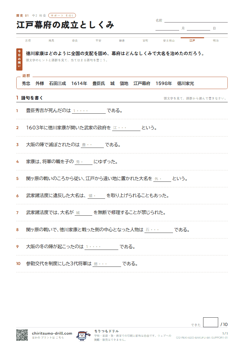 江戸幕府の成立としくみ サポート その1の見本