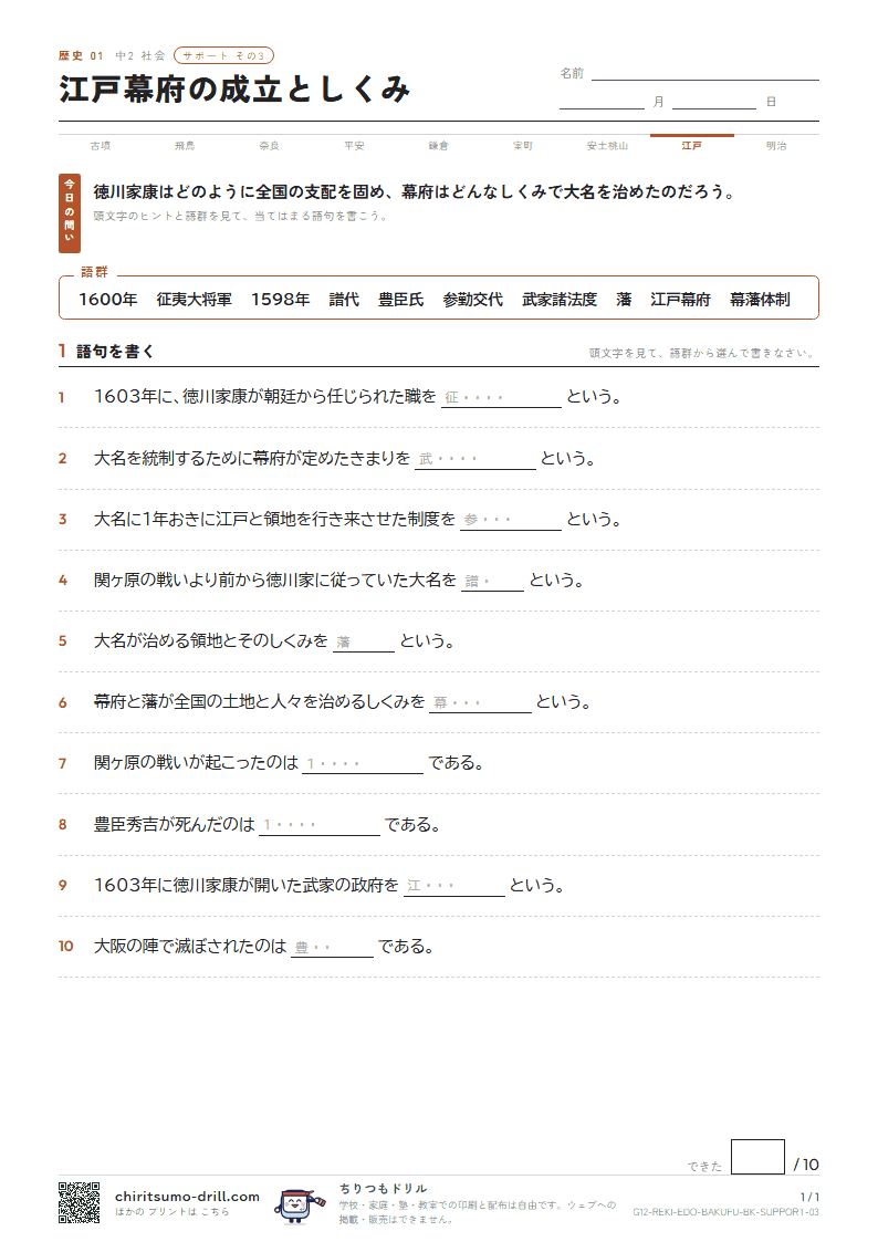 江戸幕府の成立としくみ サポート その3の見本