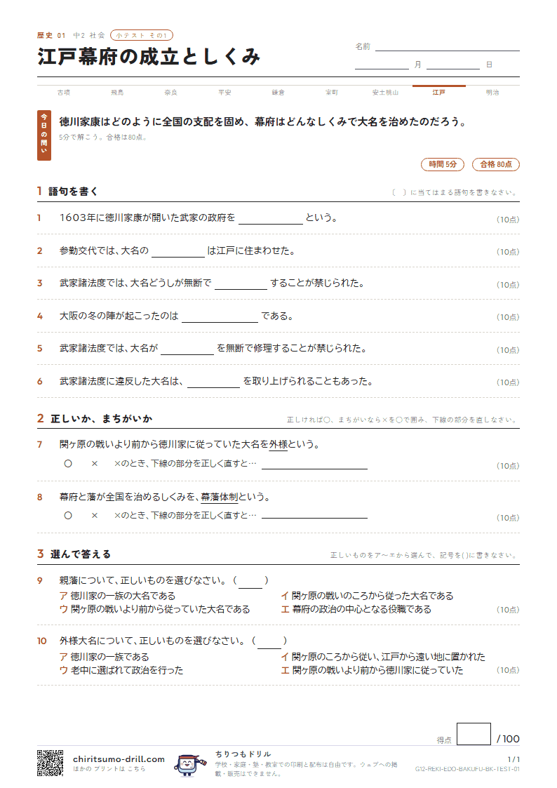 江戸幕府の成立としくみ 小テスト その1の見本