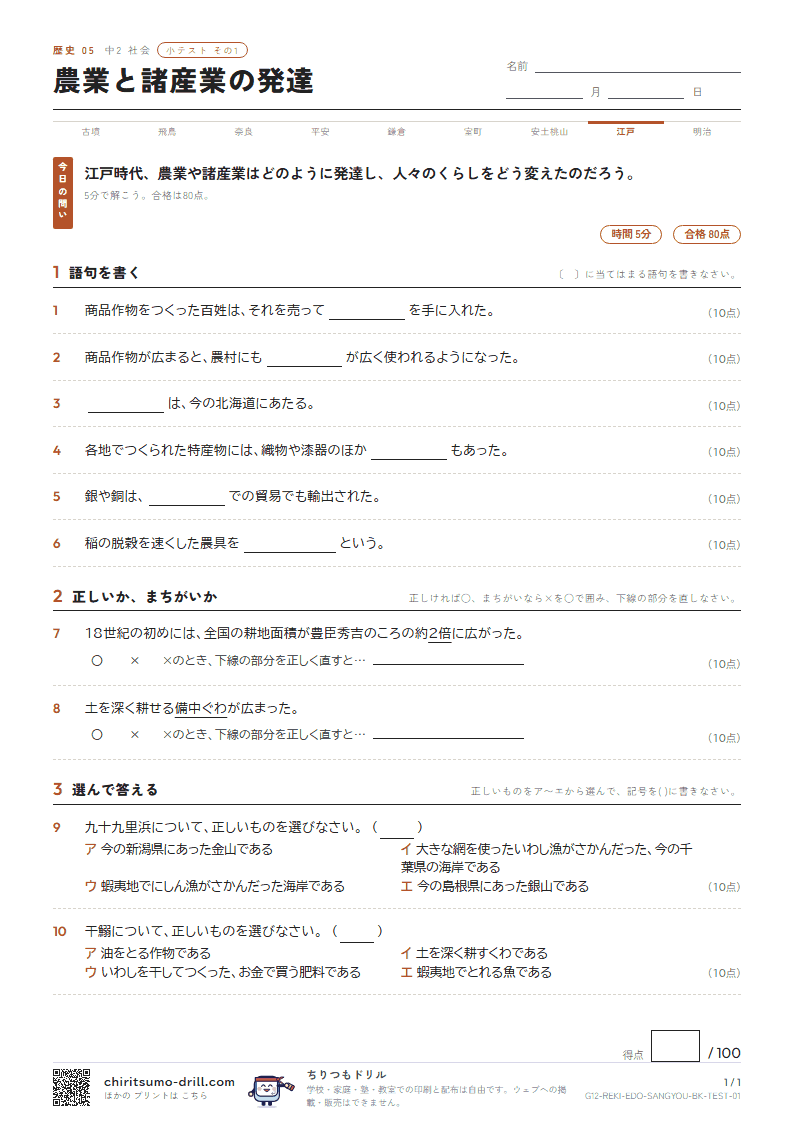 農業と諸産業の発達 小テスト その1の見本