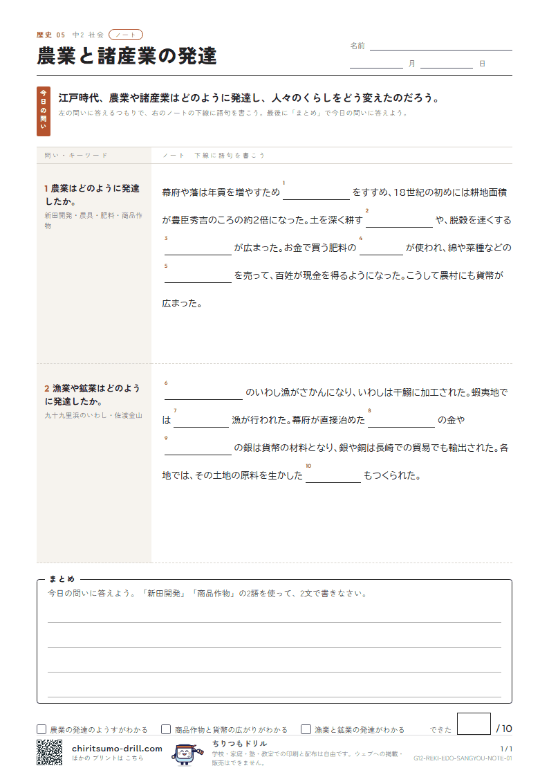 農業と諸産業の発達 ノートの見本