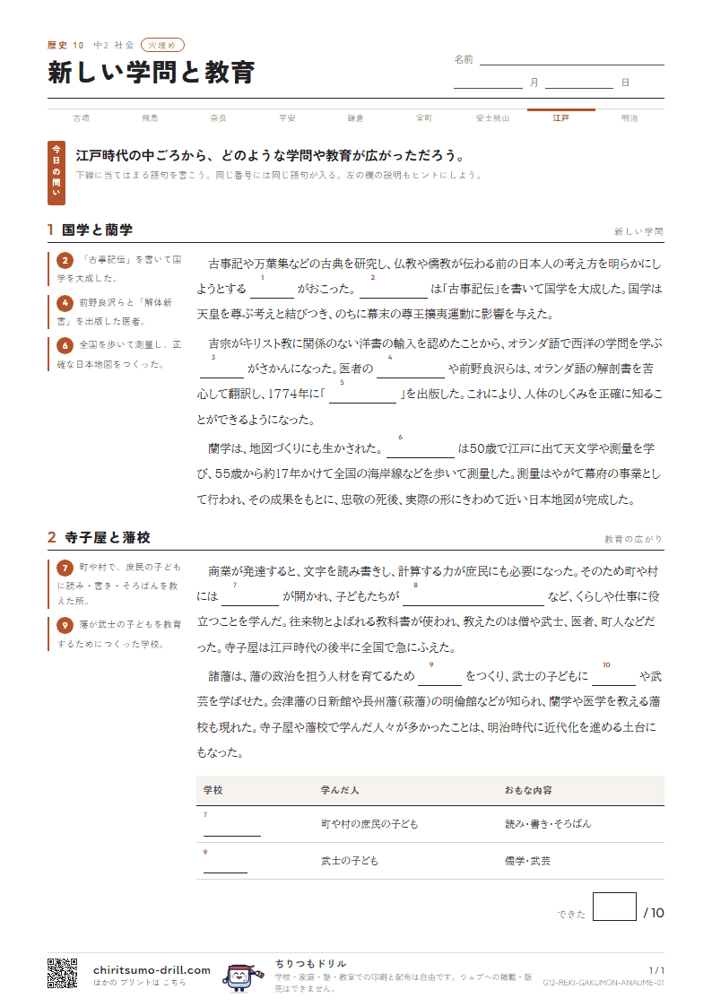 新しい学問と教育 穴埋めの見本