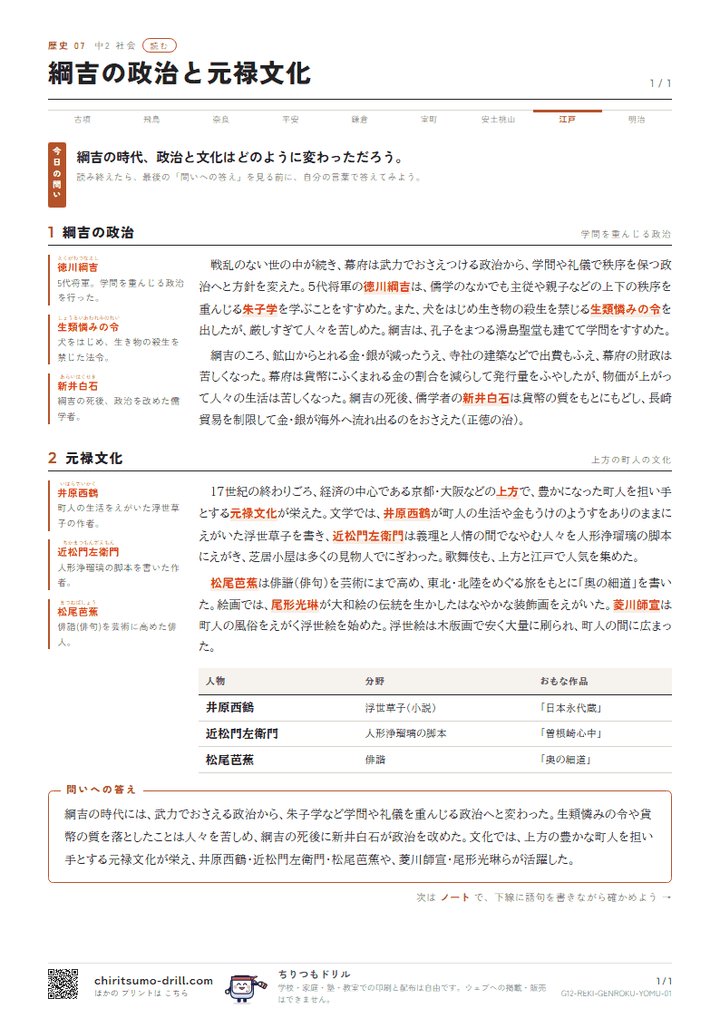 綱吉の政治と元禄文化 読むの見本