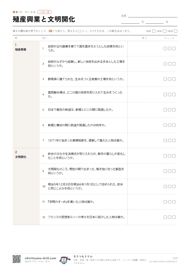 殖産興業と文明開化 一問一答の見本