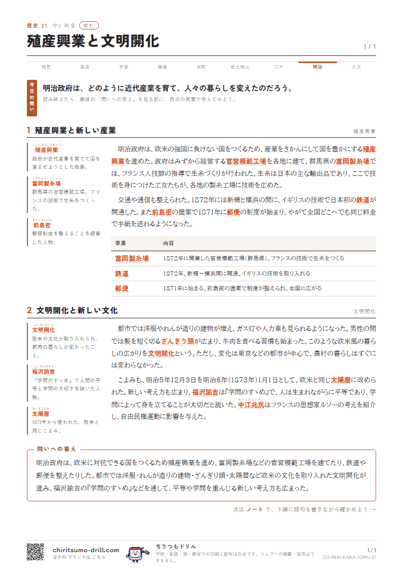 殖産興業と文明開化 読むの見本